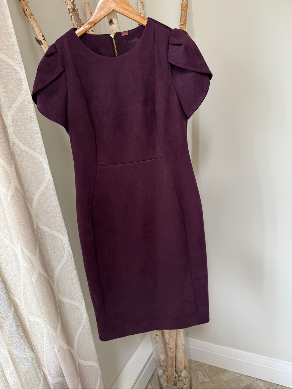 Calvin Klein Deep Plum Puff-Sleeve Midi Dress